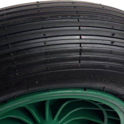 4.00-8 kruiwagenwiel - luchtband en kunststof velg - 150 kg maximale belasting - 20 mm asgat/naafdiameter - inclusief rollager, as en afstandhouders