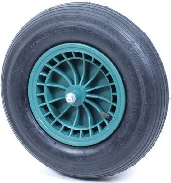 4.00-8 kruiwagenwiel - luchtband en kunststof velg - 150 kg maximale belasting - 20 mm asgat/naafdiameter - inclusief rollager, as en afstandhouders