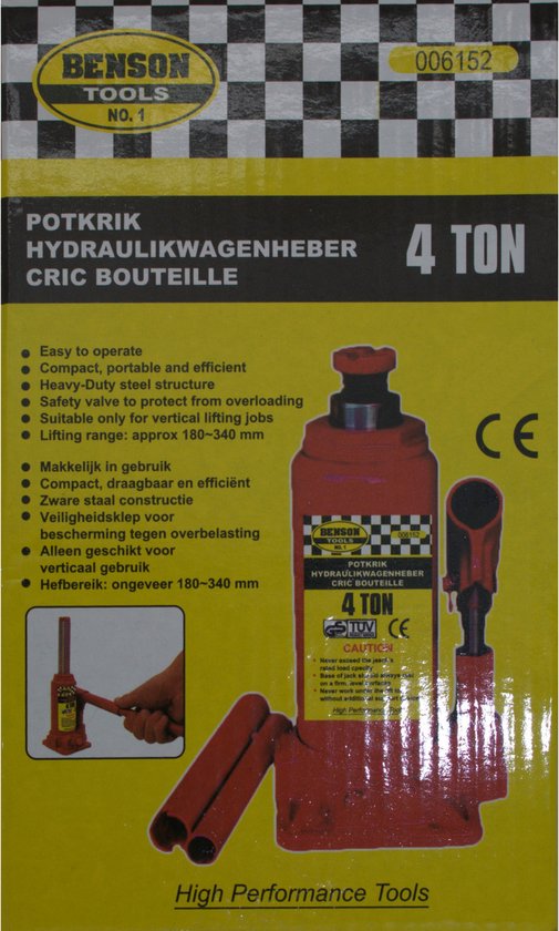 Benson Hydraulische potkrik - 4 ton draagkracht - compact en draagbaar - hefbereik 180-340 mm