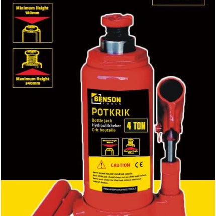 Benson Hydraulische potkrik - 4 ton draagkracht - compact en draagbaar - hefbereik 180-340 mm