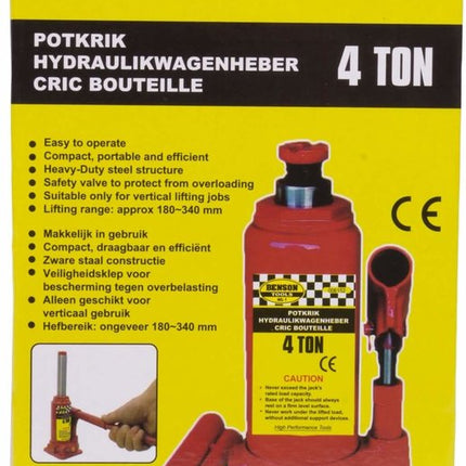 Benson Hydraulische potkrik - 4 ton draagkracht - compact en draagbaar - hefbereik 180-340 mm