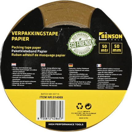Benson Papieren verpakkingstape - 50 mm x 50 meter - 140 micron - Milieuvriendelijk - Handmatig te scheuren