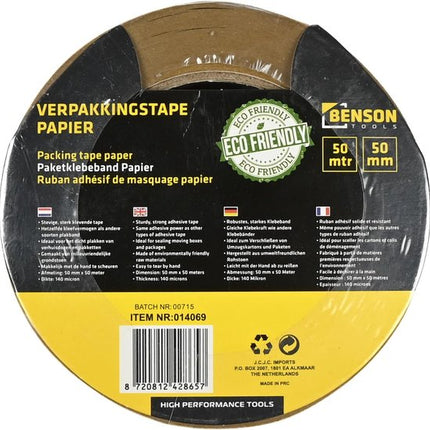 Benson Papieren verpakkingstape - 50 mm x 50 meter - 140 micron - Milieuvriendelijk - Handmatig te scheuren