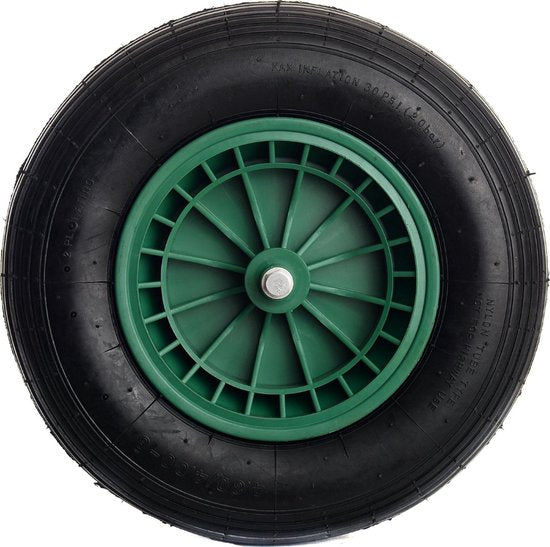 4.00-8 kruiwagenwiel - luchtband en kunststof velg - 150 kg maximale belasting - 20 mm asgat/naafdiameter - inclusief rollager, as en afstandhouders