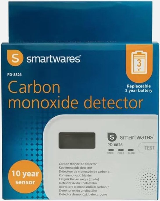 Smartwares® PD-8826 Koolmonoxidemelder – 10 Jaar Levensduur – Vervangbare Batterij met 1 Jaar Autonomie