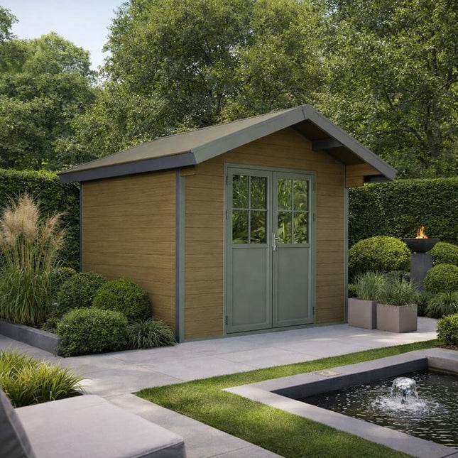 Bruin kunststof tuinhuis met zadeldak 336x320x268cm