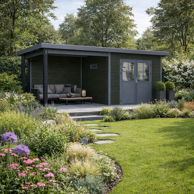 Zwart kunststof tuinhuis met overkapping 560x330x247 cm