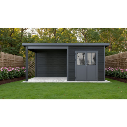 Zwart kunststof tuinhuis met overkapping 560x330x247 cm