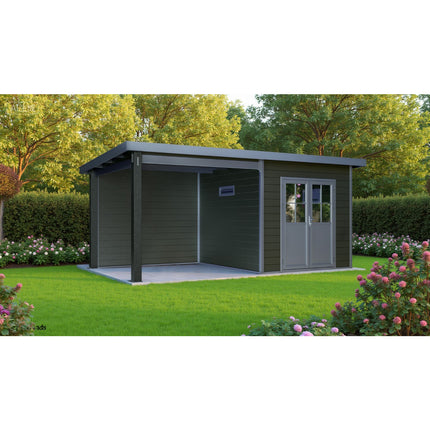 Zwart kunststof tuinhuis met overkapping 560x330x247 cm