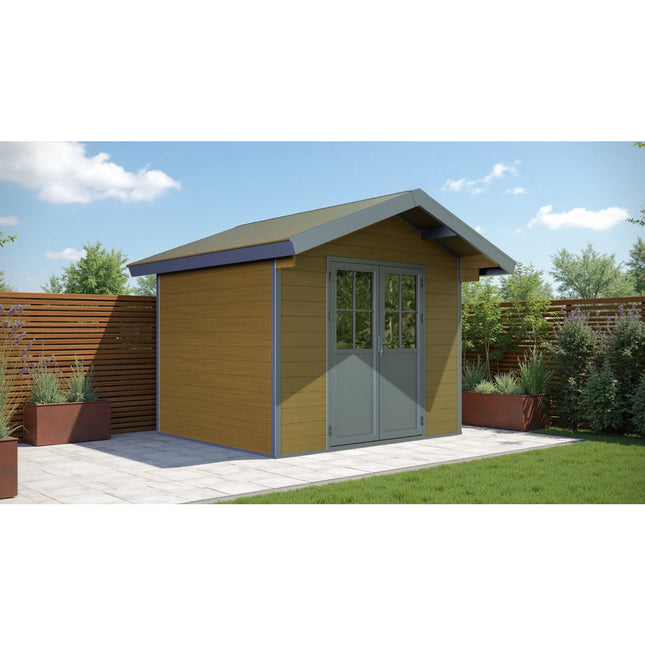 Bruin kunststof tuinhuis met zadeldak 336x320x268cm