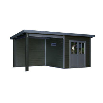 Zwart kunststof tuinhuis met overkapping 560x330x247 cm