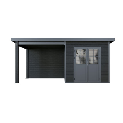 Zwart kunststof tuinhuis met overkapping 560x330x247 cm