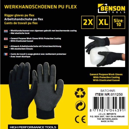 Benson PU Flex Werkhandschoenen - Zwart, Maat 10 (XL) - Optimale Grip en Comfort