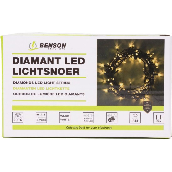 Benson LED Lichtsnoer Diamant - Warm Wit - 200 LED - 25 meter - IP44