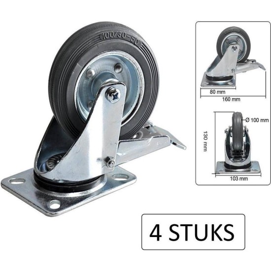 Tarsus Zwenkwiel Ø 100 mm. met Rem - Maximale Belasting 70 kilo - 4 stuks