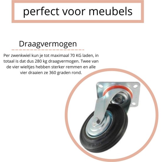 Lumito Transportwielen 4 Stuks - Meubelroller - Zwenkwielen - Zwenkwielen Set Van 4 - 75mm - Draagvermogen van 4x70KG