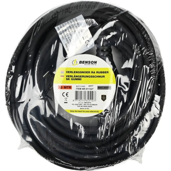 Benson Verlengsnoer Rubber met Randaarde 3 x 1.5 mm² voor Binnen en Buiten - 15 meter