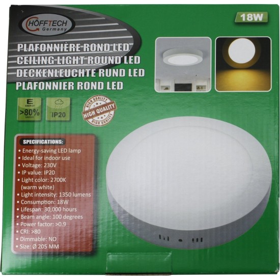 Hofftech Plafonnière - LED - Rond Ø22 cm - 18W / 1200 Lumen - Wit