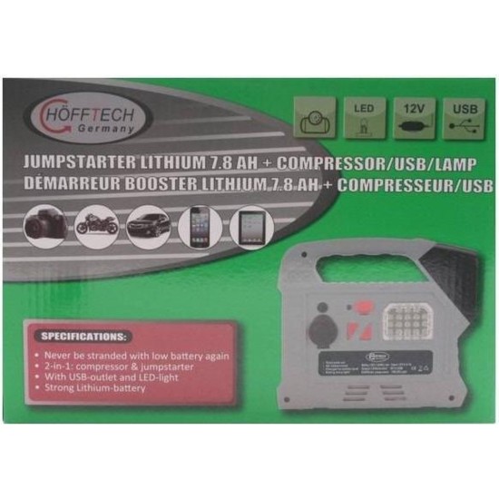 Hofftech Jumpstarter Compressor - USB - LED Lamp - 12V - Lithium 7.8Ah