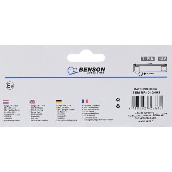 Benson LED Verlichtingsbalk Zwart 75 cm met 1.5 meter Kabel - 7 Polige Stekker