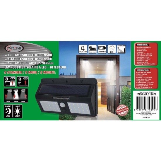 Hofftech Dubbel LED Wandlamp Solar - PIR Sensor - IP65 - 2400 Mah - 3.7 Volt