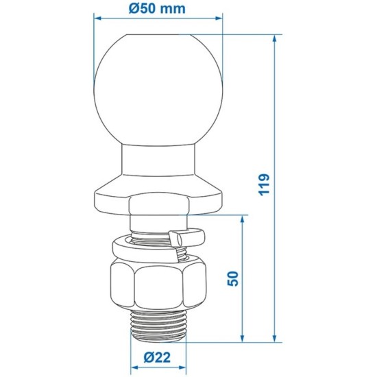 Trekhaakkogel Recht Kogel Ø 50 mm Draad M22 x 55 mm